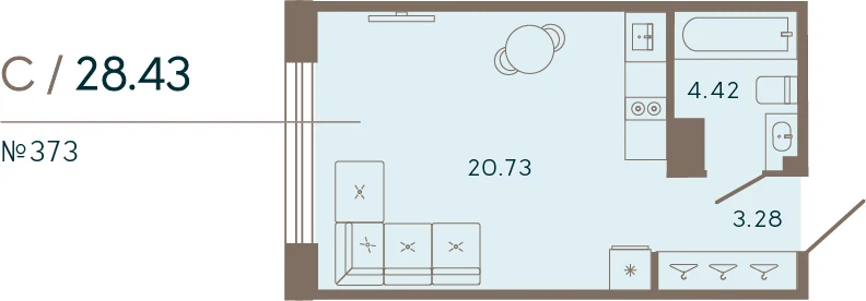 Планировка студия 28,4 м² в апарт-отеле «17/33» — 17/33 на Петровском острове