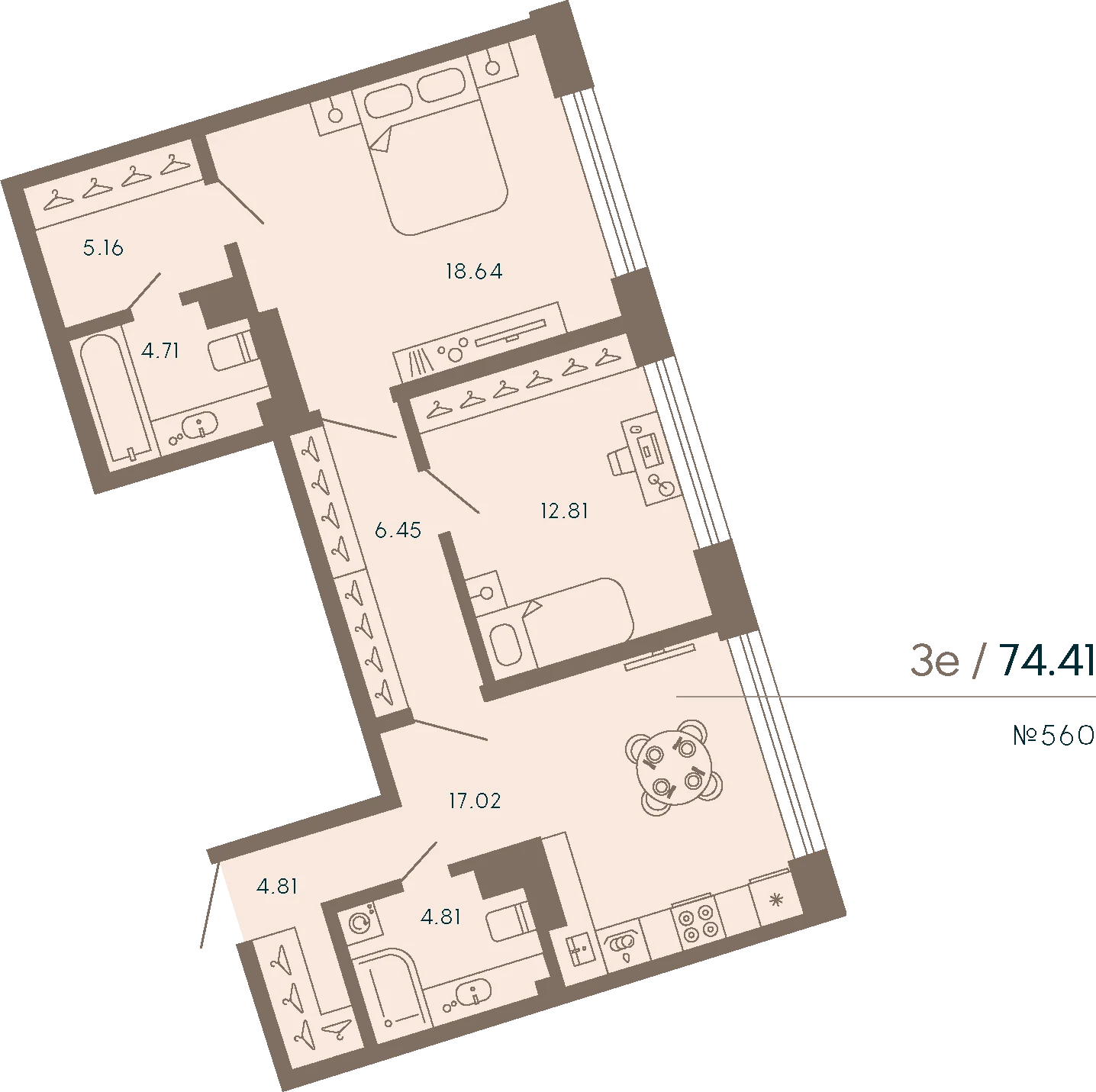 Планировка 2-комнатная 74,4 м² в апарт-отеле «17/33» — 17/33 на Петровском острове