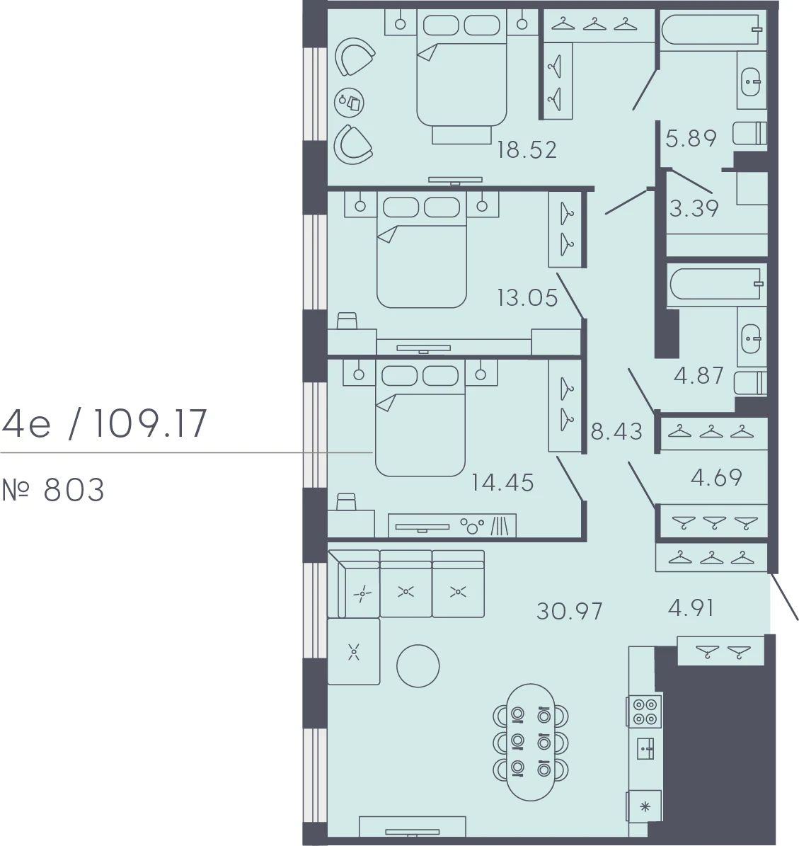 Планировка 3-комнатная 109,2 м² в апарт-отеле «17/33» — 17/33 на Петровском острове
