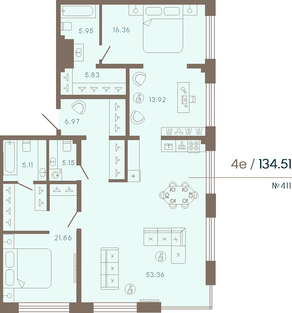 Планировка 3-комнатная 134,5 м² в апарт-отеле «17/33» — 17/33 на Петровском острове