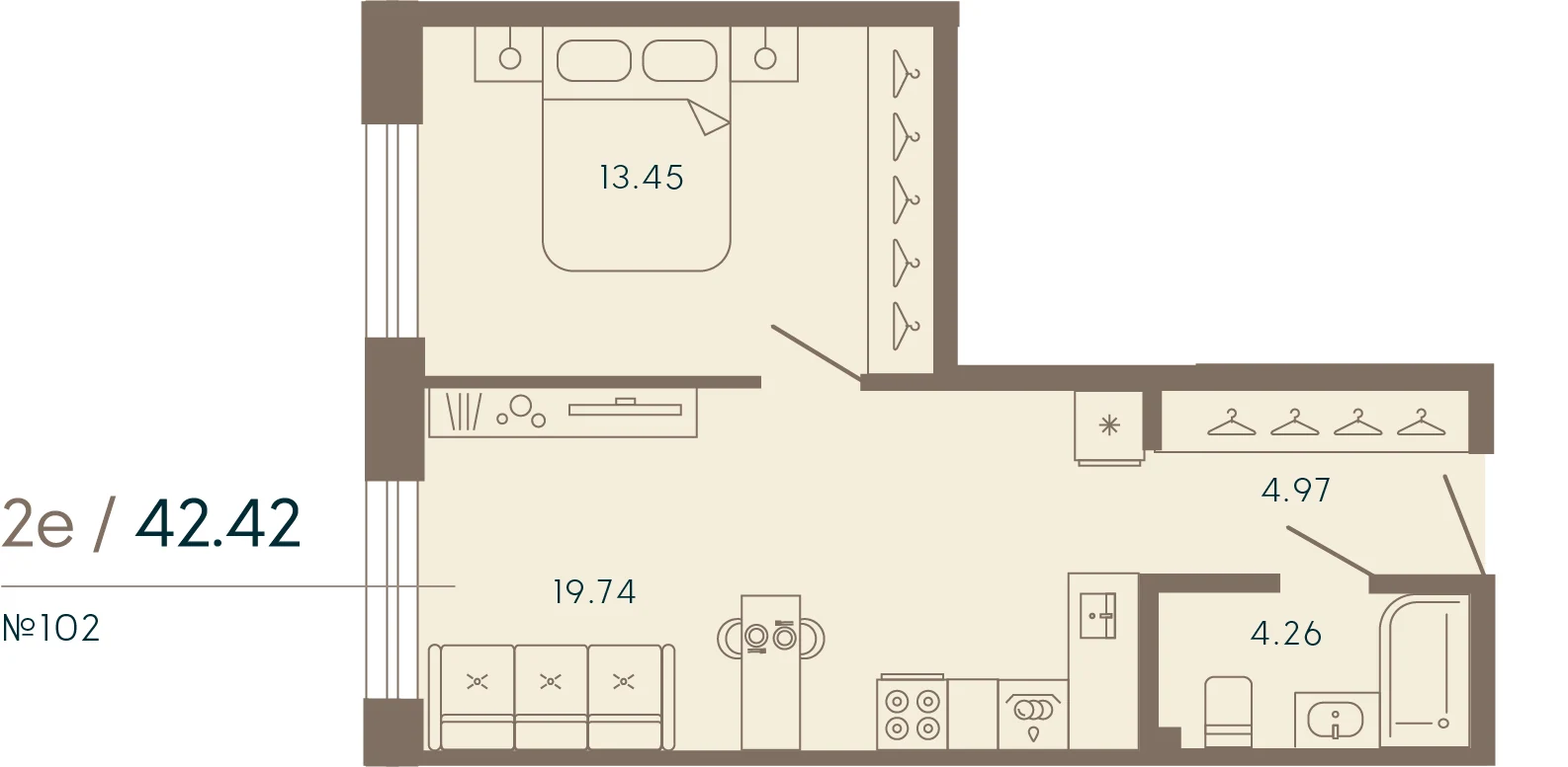 Планировка 1-комнатная 42,4 м² в апарт-отеле «17/33» — 17/33 на Петровском острове