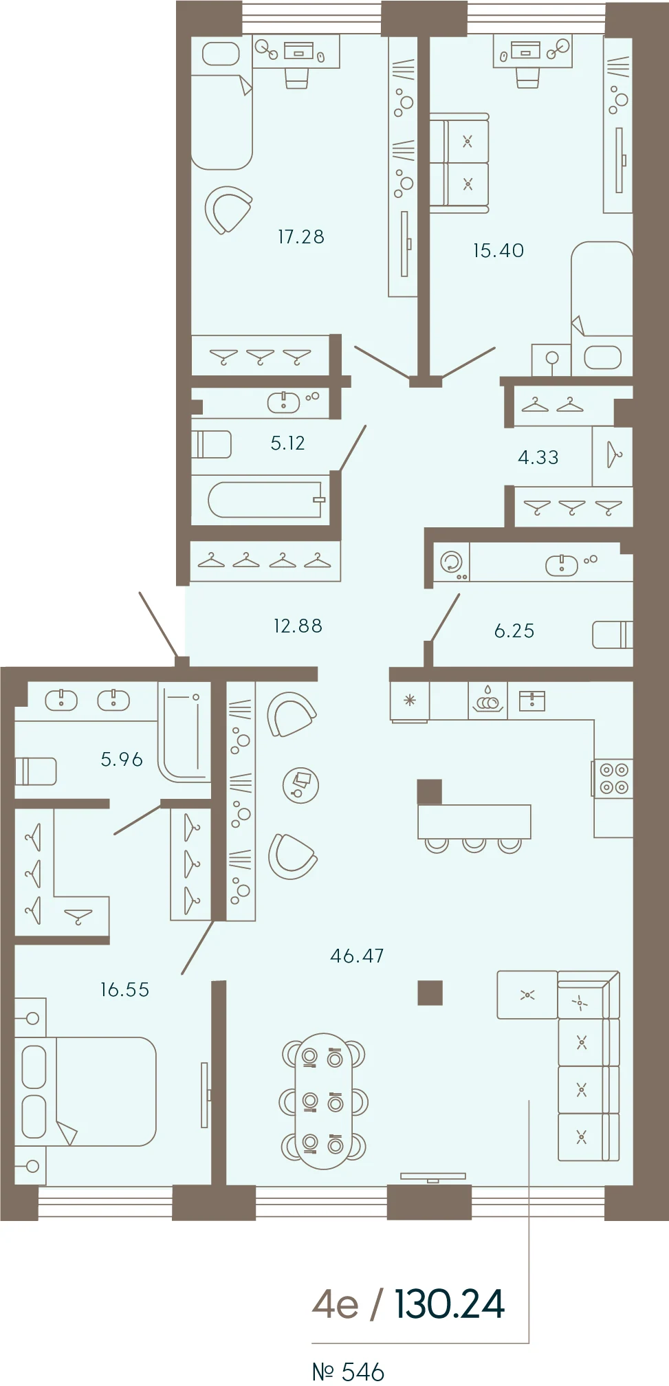 Планировка 3-комнатная 130,2 м² в апарт-отеле «17/33» — 17/33 на Петровском острове