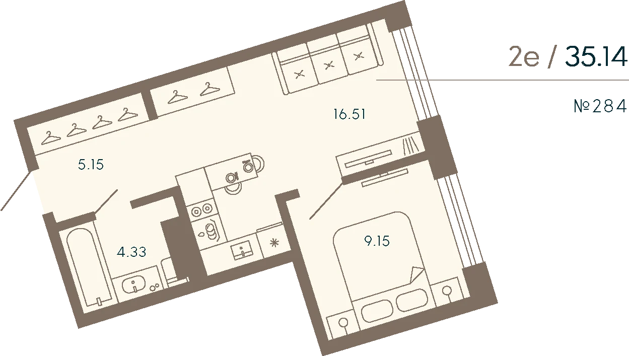 Планировка 1-комнатная 35,1 м² в апарт-отеле «17/33» — 17/33 на Петровском острове