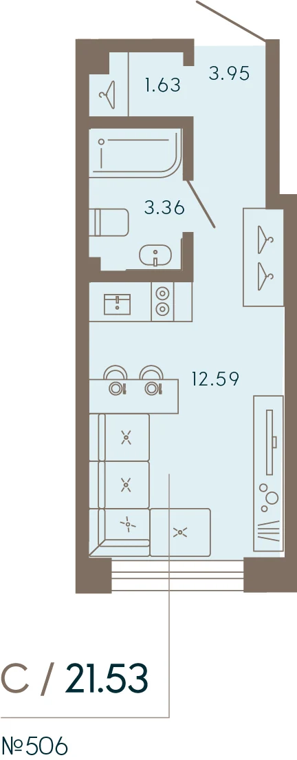 Планировка студия 21,5 м² в апарт-отеле «17/33» — 17/33 на Петровском острове