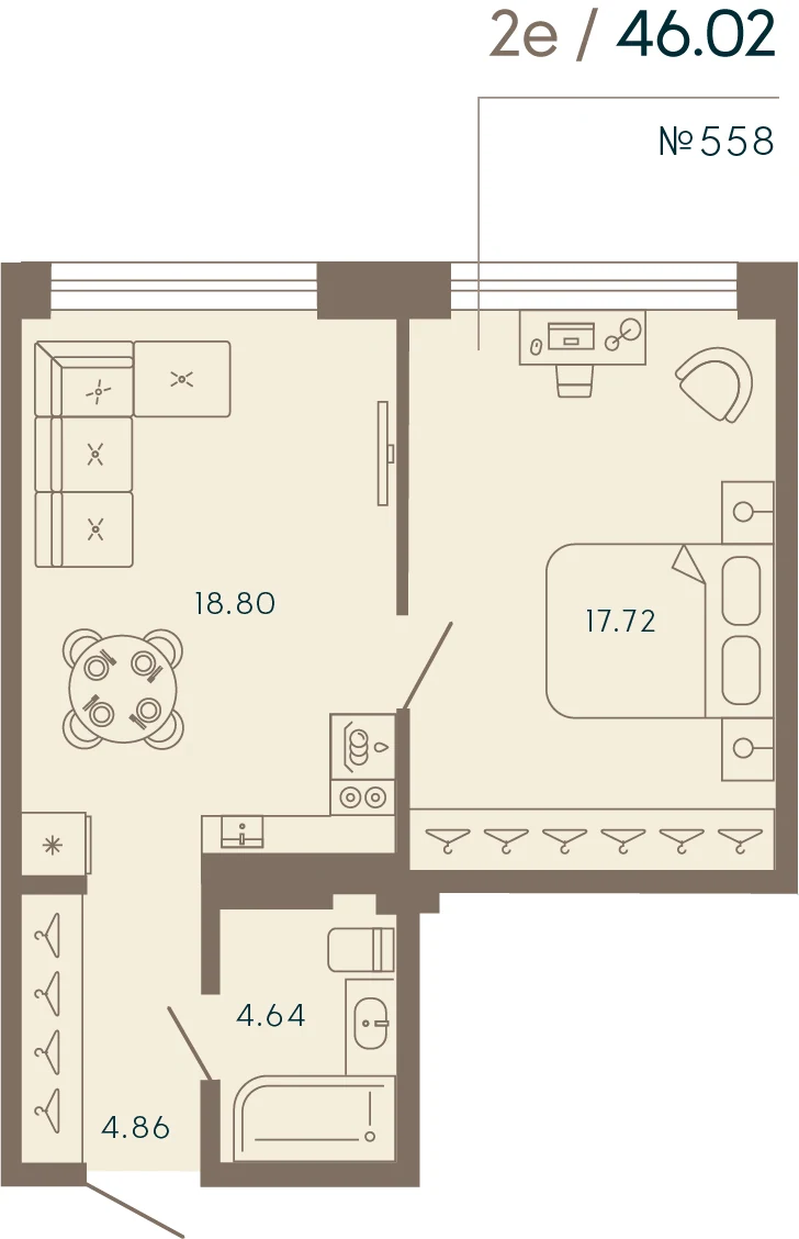 Планировка 1-комнатная 46 м² в апарт-отеле «17/33» — 17/33 на Петровском острове