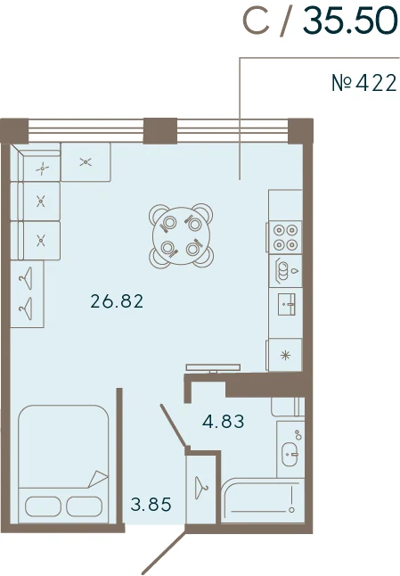 Планировка студия 35,5 м² в апарт-отеле «17/33» — 17/33 на Петровском острове