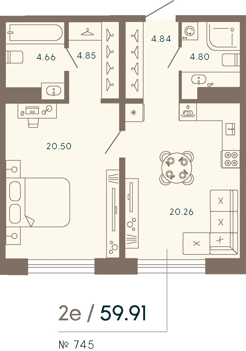 Планировка 1-комнатная 59,9 м² в апарт-отеле «17/33» — 17/33 на Петровском острове