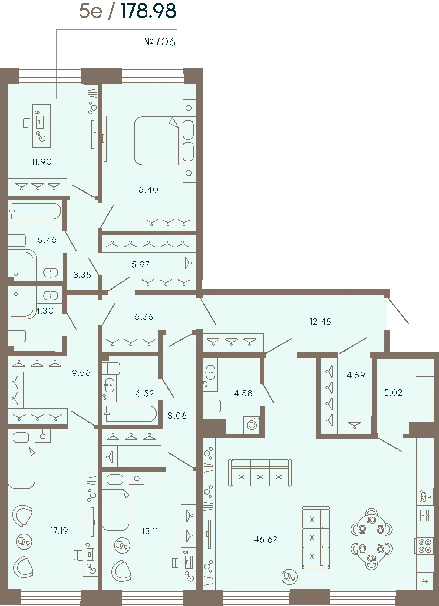 Планировка 4-комнатная 179 м² в апарт-отеле «17/33» — 17/33 на Петровском острове