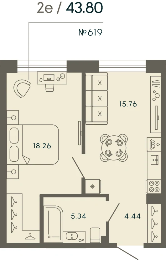 Планировка 1-комнатная 43,8 м² в апарт-отеле «17/33» — 17/33 на Петровском острове