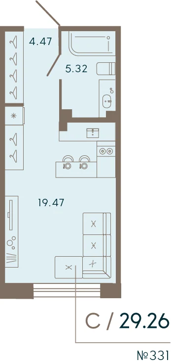 Планировка студия 29,3 м² в апарт-отеле «17/33» — 17/33 на Петровском острове