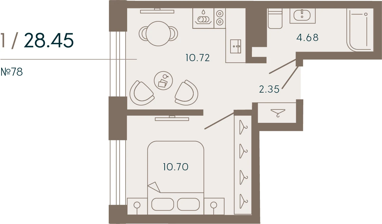 Планировка 1-комнатная 28,4 м² в апарт-отеле «17/33» — 17/33 на Петровском острове