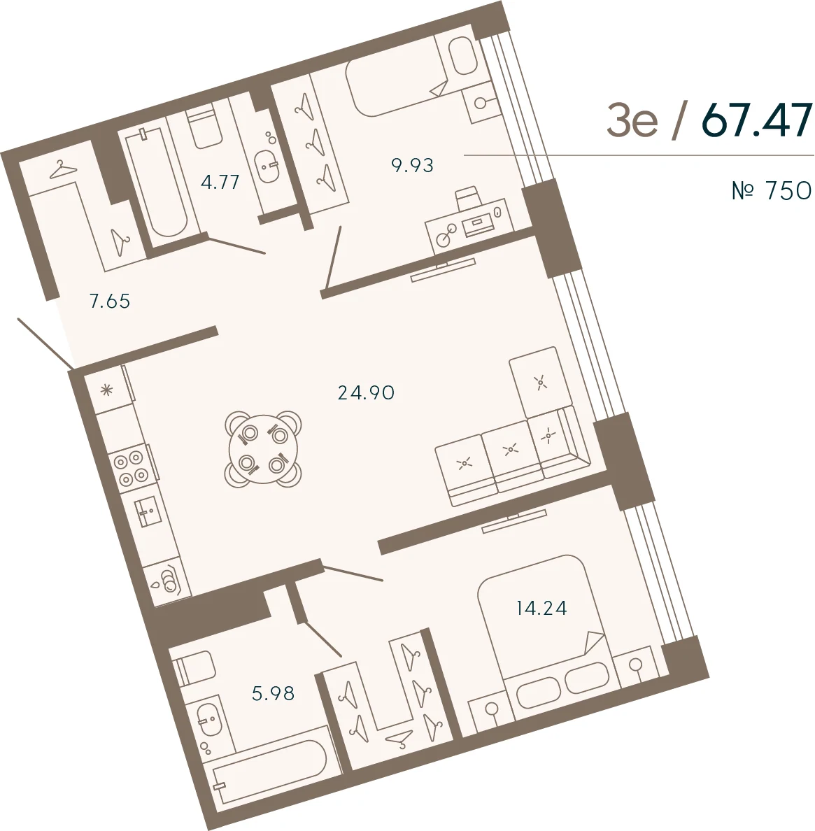 Планировка 2-комнатная 67,5 м² в апарт-отеле «17/33» — 17/33 на Петровском острове