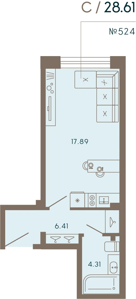 Планировка студия 28,6 м² в апарт-отеле «17/33» — 17/33 на Петровском острове