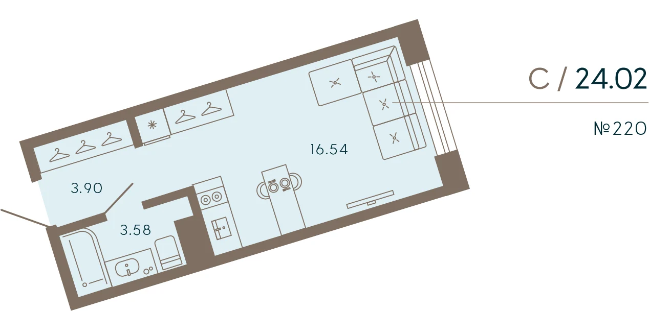 Планировка студия 24 м² в апарт-отеле «17/33» — 17/33 на Петровском острове