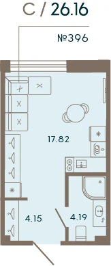 Планировка студия 26,2 м² в апарт-отеле «17/33» — 17/33 на Петровском острове