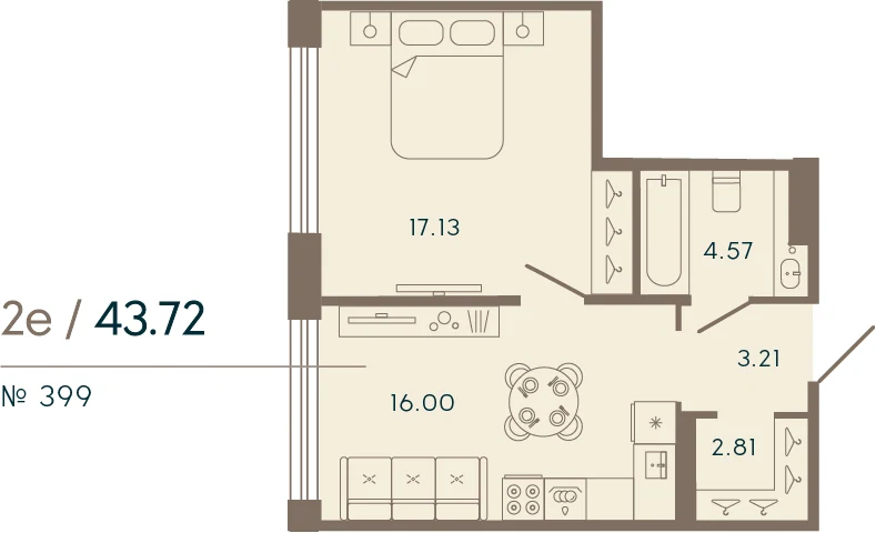 Планировка 1-комнатная 43,7 м² в апарт-отеле «17/33» — 17/33 на Петровском острове