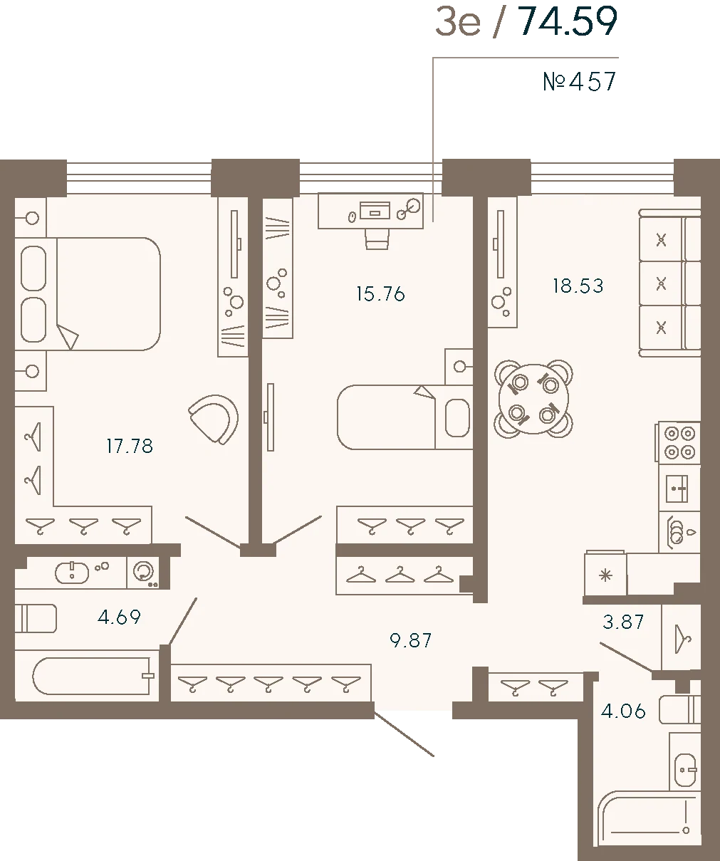 Планировка 2-комнатная 74,6 м² в апарт-отеле «17/33» — 17/33 на Петровском острове