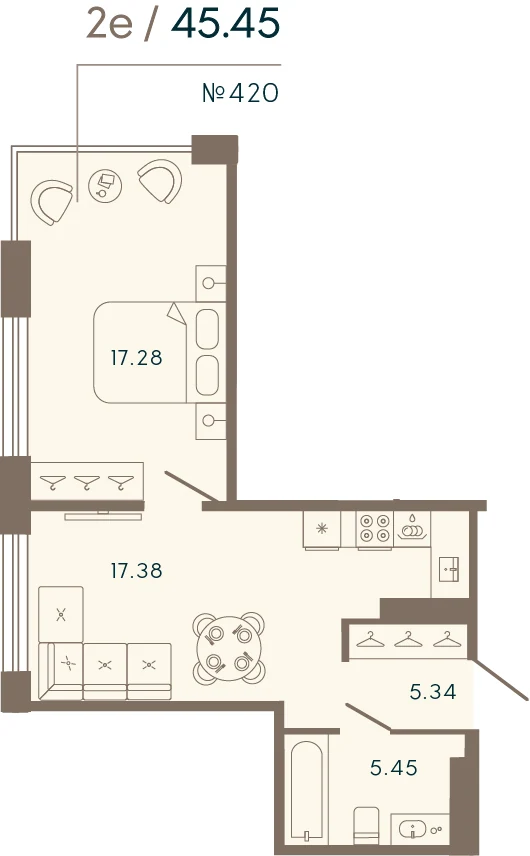 Планировка 1-комнатная 45,5 м² в апарт-отеле «17/33» — 17/33 на Петровском острове