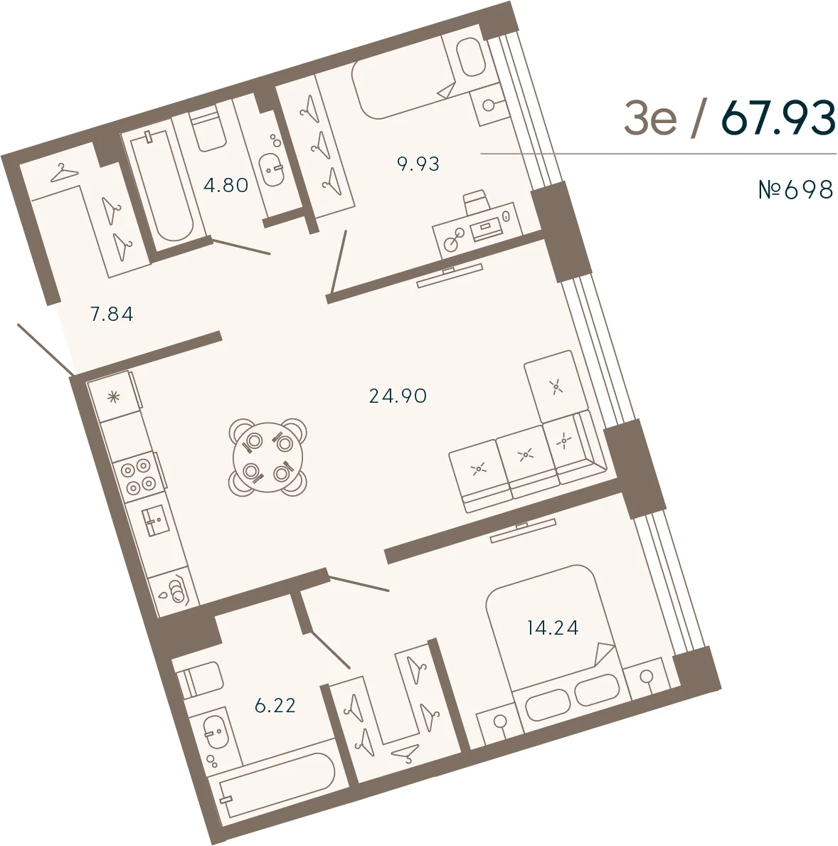 Планировка 2-комнатная 67,9 м² в апарт-отеле «17/33» — 17/33 на Петровском острове