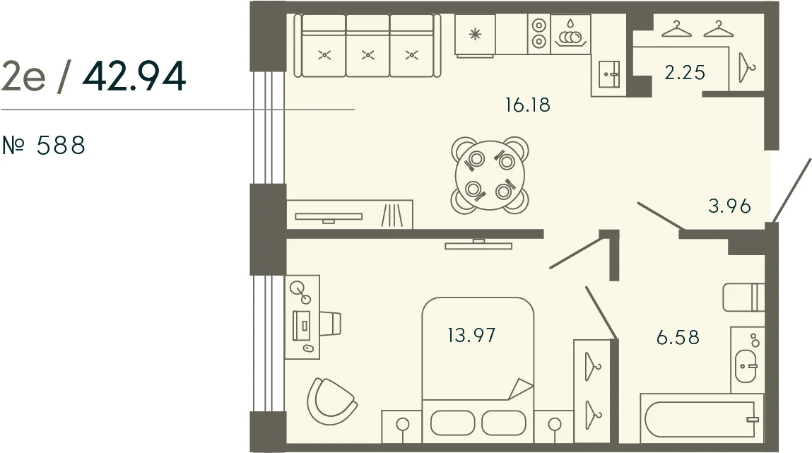 Планировка 1-комнатная 42,9 м² в апарт-отеле «17/33» — 17/33 на Петровском острове