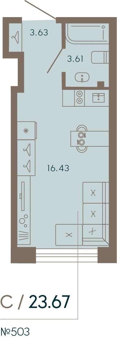 Планировка студия 23,7 м² в апарт-отеле «17/33» — 17/33 на Петровском острове