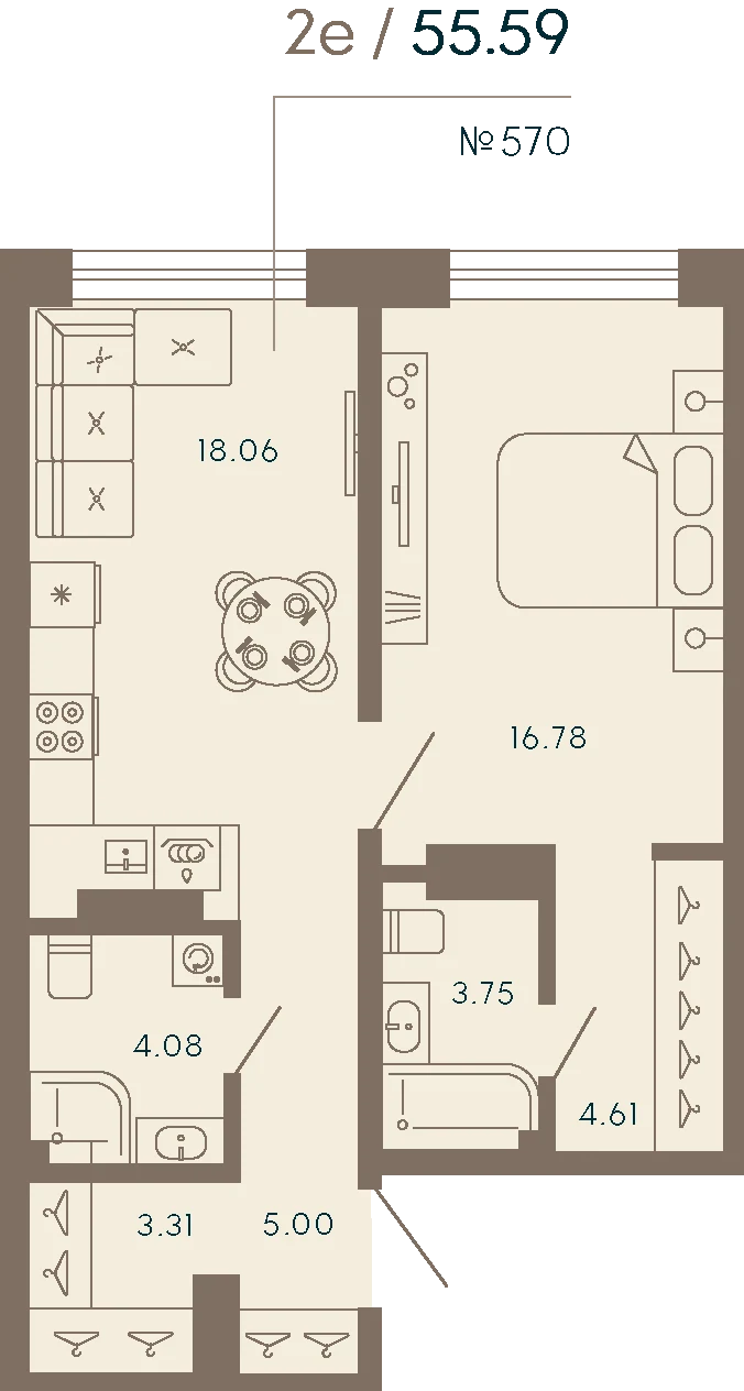 Планировка 1-комнатная 55,6 м² в апарт-отеле «17/33» — 17/33 на Петровском острове