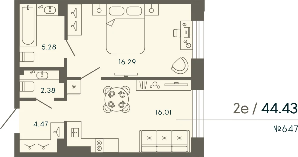 Планировка 1-комнатная 44,3 м² в апарт-отеле «17/33» — 17/33 на Петровском острове