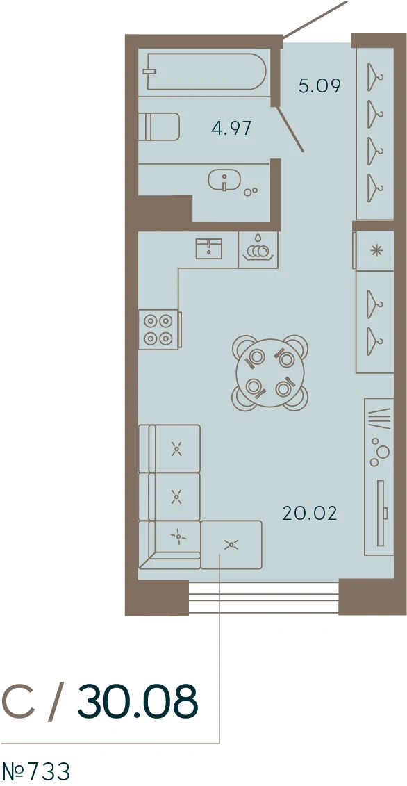 Планировка студия 30,1 м² в апарт-отеле «17/33» — 17/33 на Петровском острове