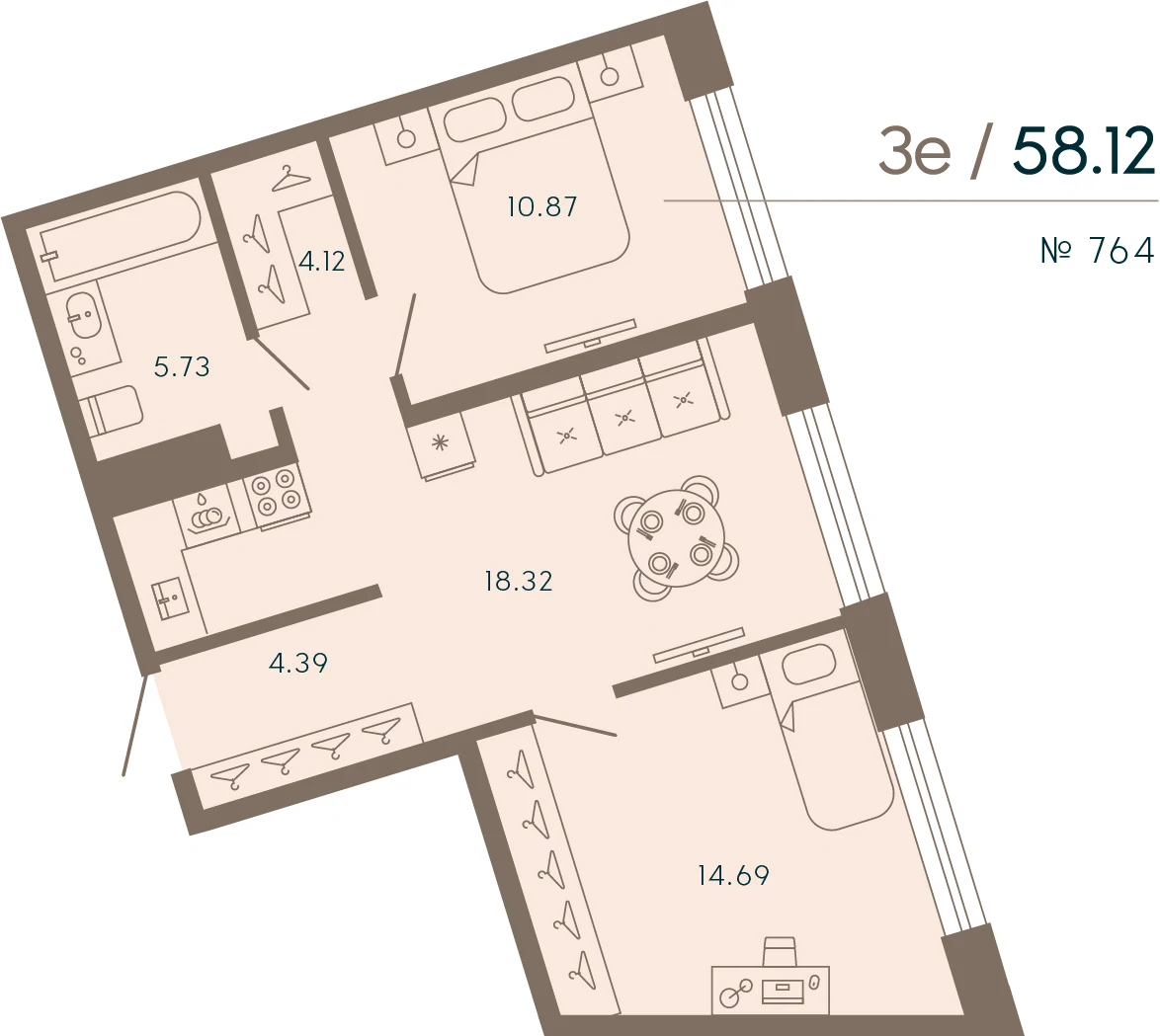 Планировка 2-комнатная 58,1 м² в апарт-отеле «17/33» — 17/33 на Петровском острове