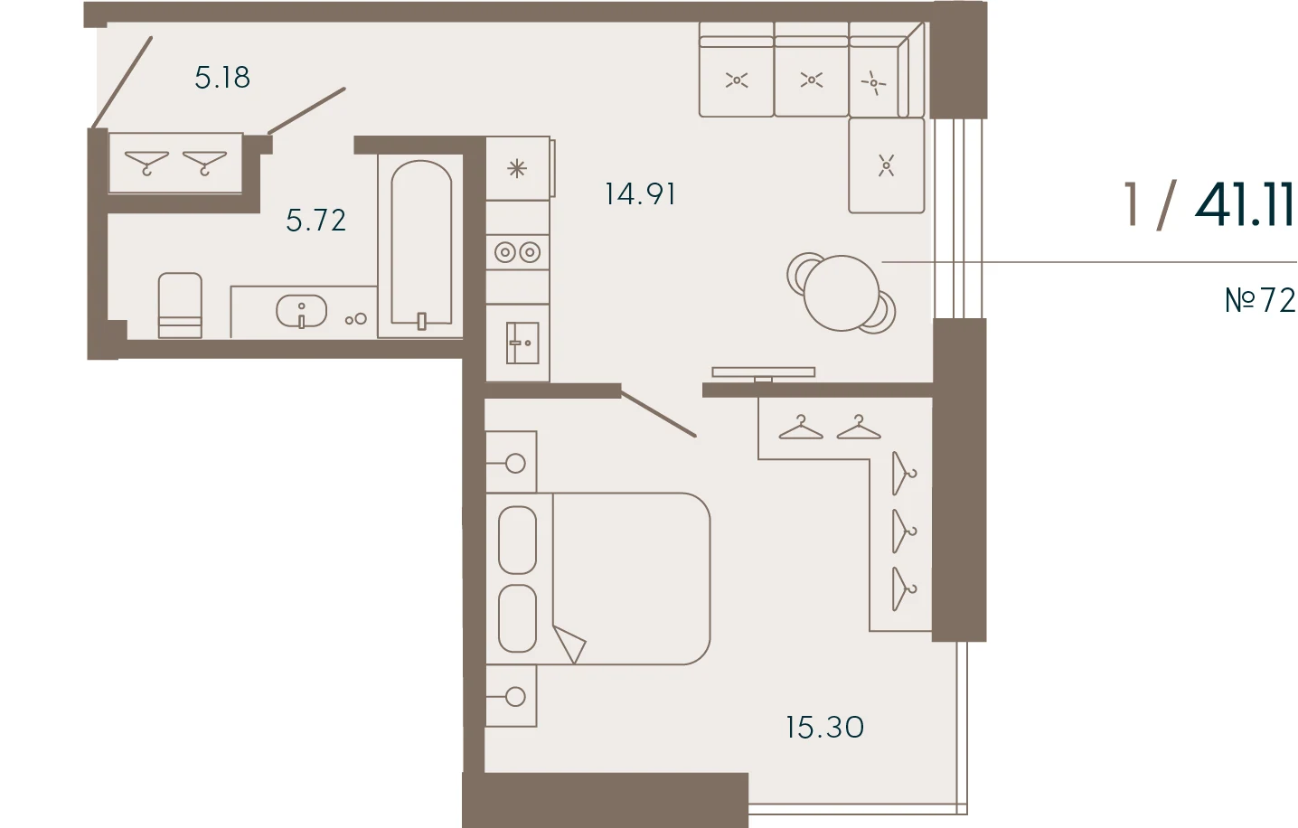 Планировка 1-комнатная 41,1 м² в апарт-отеле «17/33» — 17/33 на Петровском острове