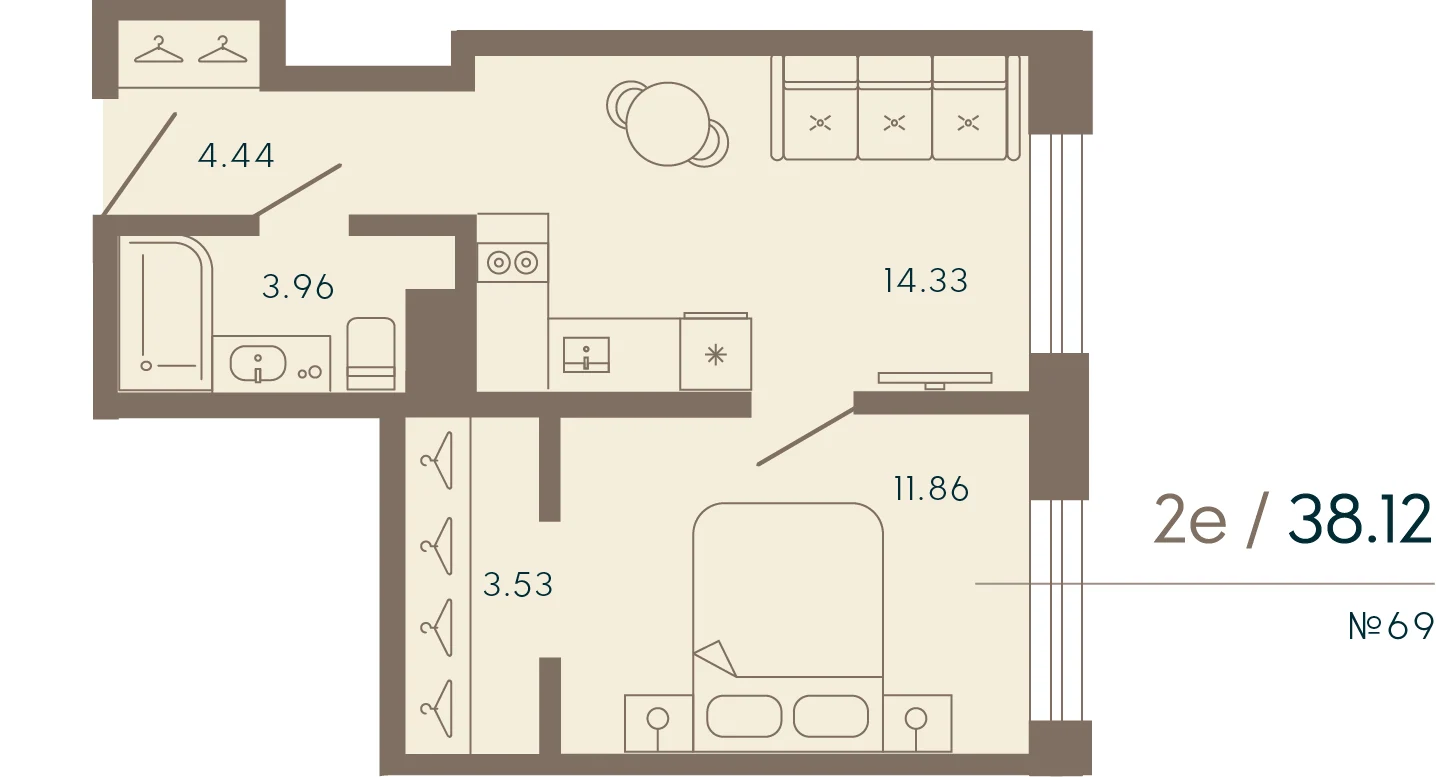 Планировка 1-комнатная 38,1 м² в апарт-отеле «17/33» — 17/33 на Петровском острове