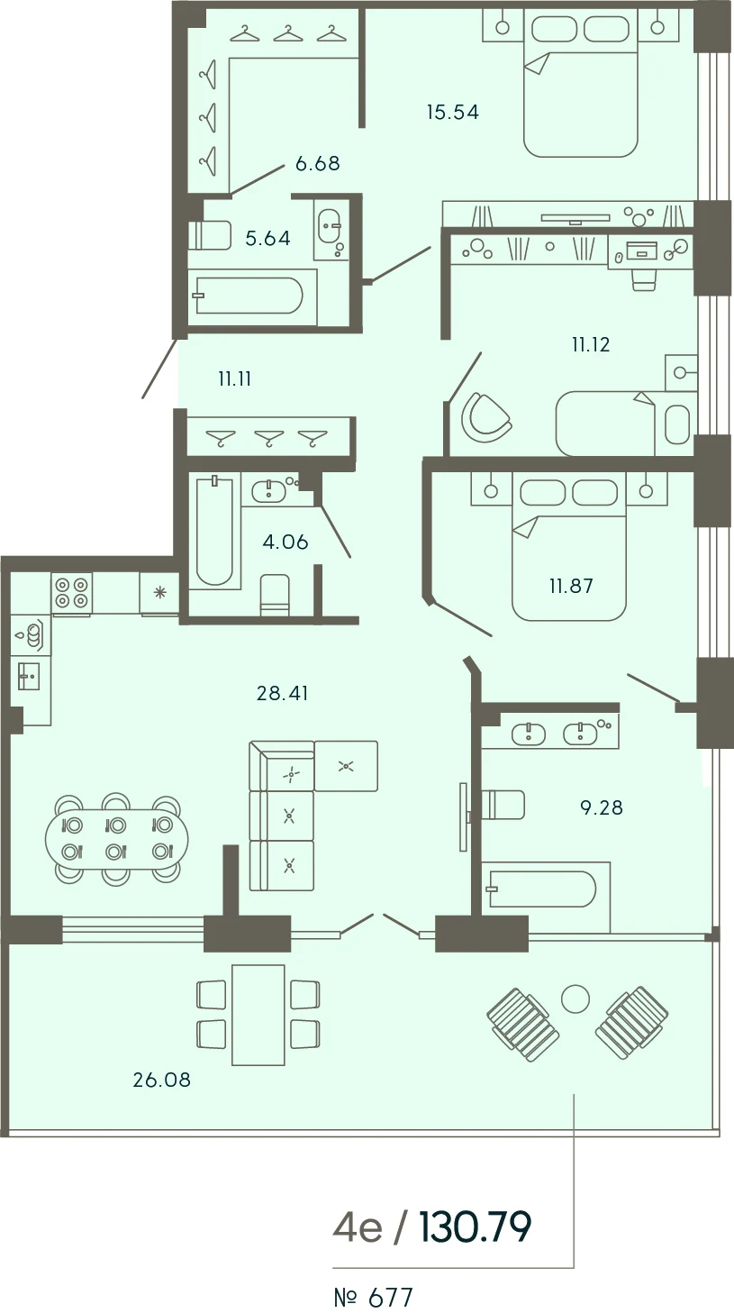 Планировка 3-комнатная 130,8 м² в апарт-отеле «17/33» — 17/33 на Петровском острове