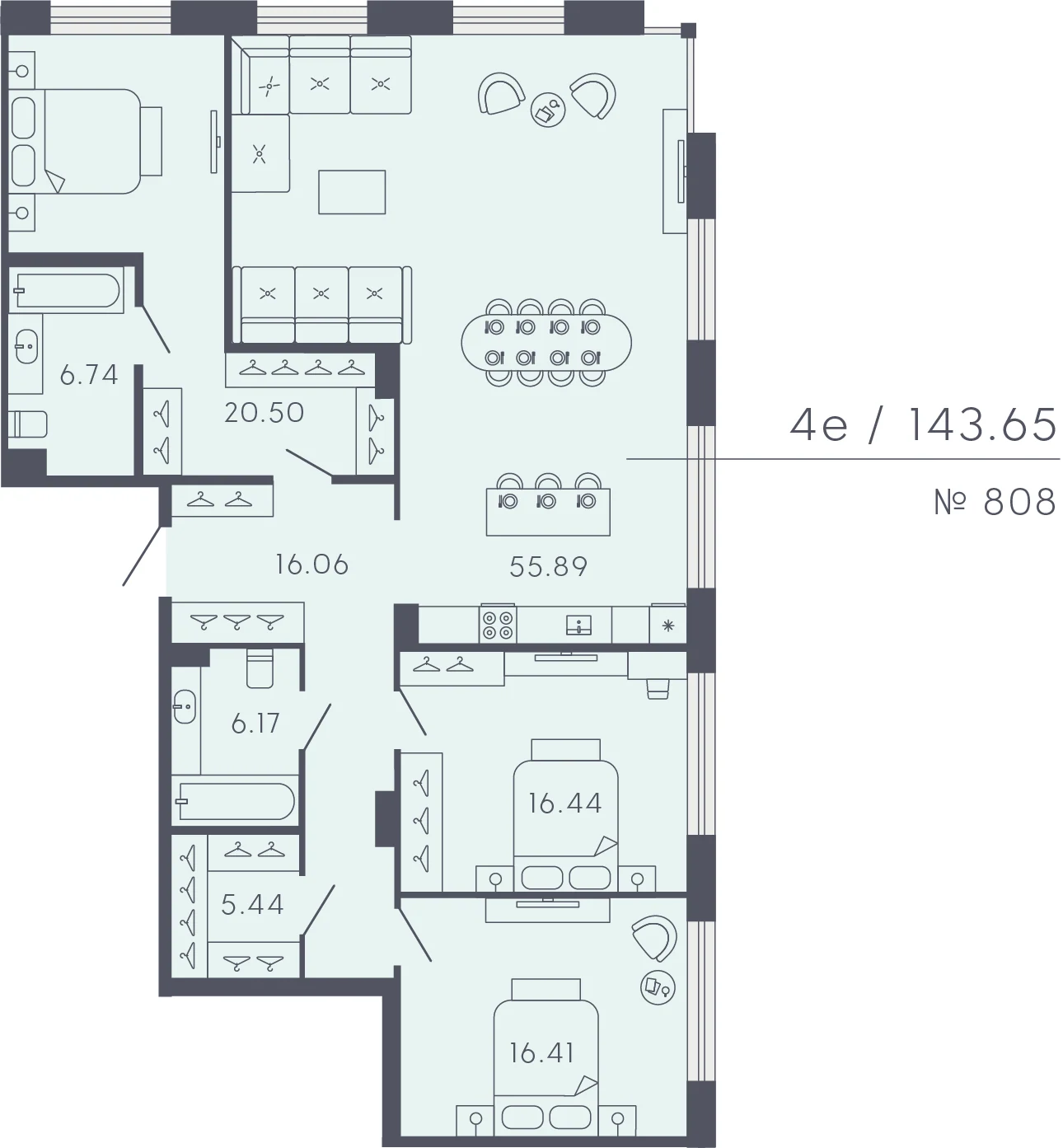 Планировка 3-комнатная 143,7 м² в апарт-отеле «17/33» — 17/33 на Петровском острове