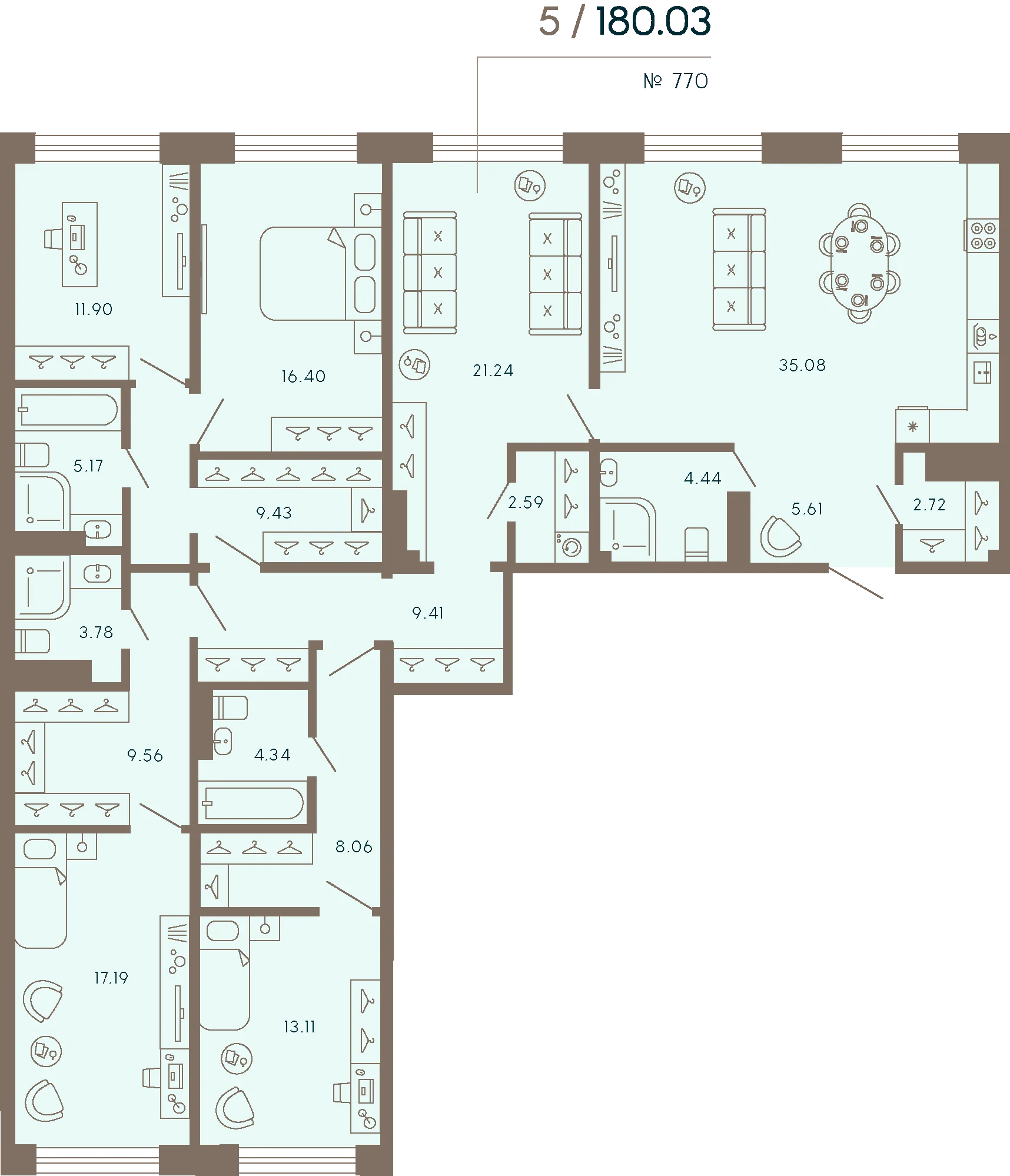 Планировка 5-комнатная 180 м² в апарт-отеле «17/33» — 17/33 на Петровском острове