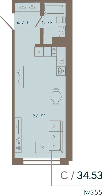 Планировка студия 34,5 м² в апарт-отеле «17/33» — 17/33 на Петровском острове