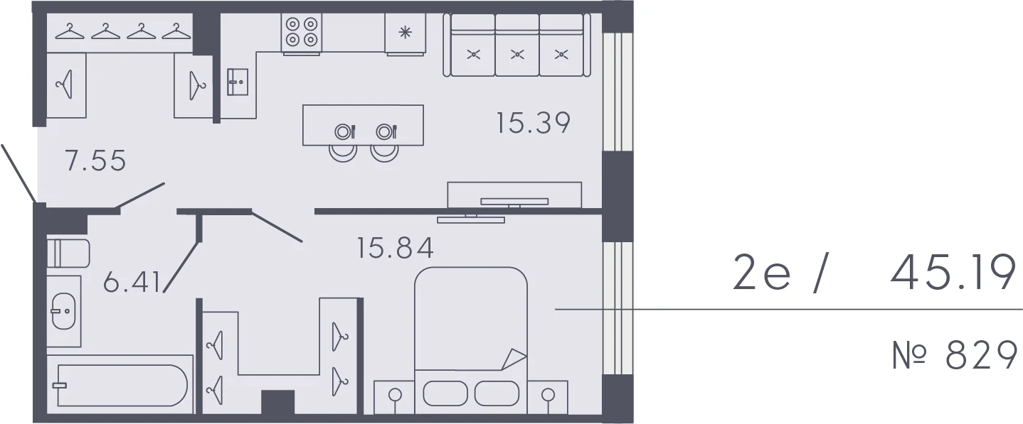 Планировка 1-комнатная 45,2 м² в апарт-отеле «17/33» — 17/33 на Петровском острове