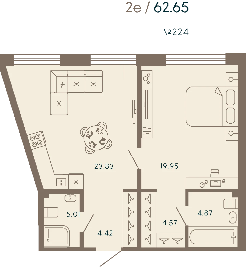 Планировка 1-комнатная 62,6 м² в апарт-отеле «17/33» — 17/33 на Петровском острове