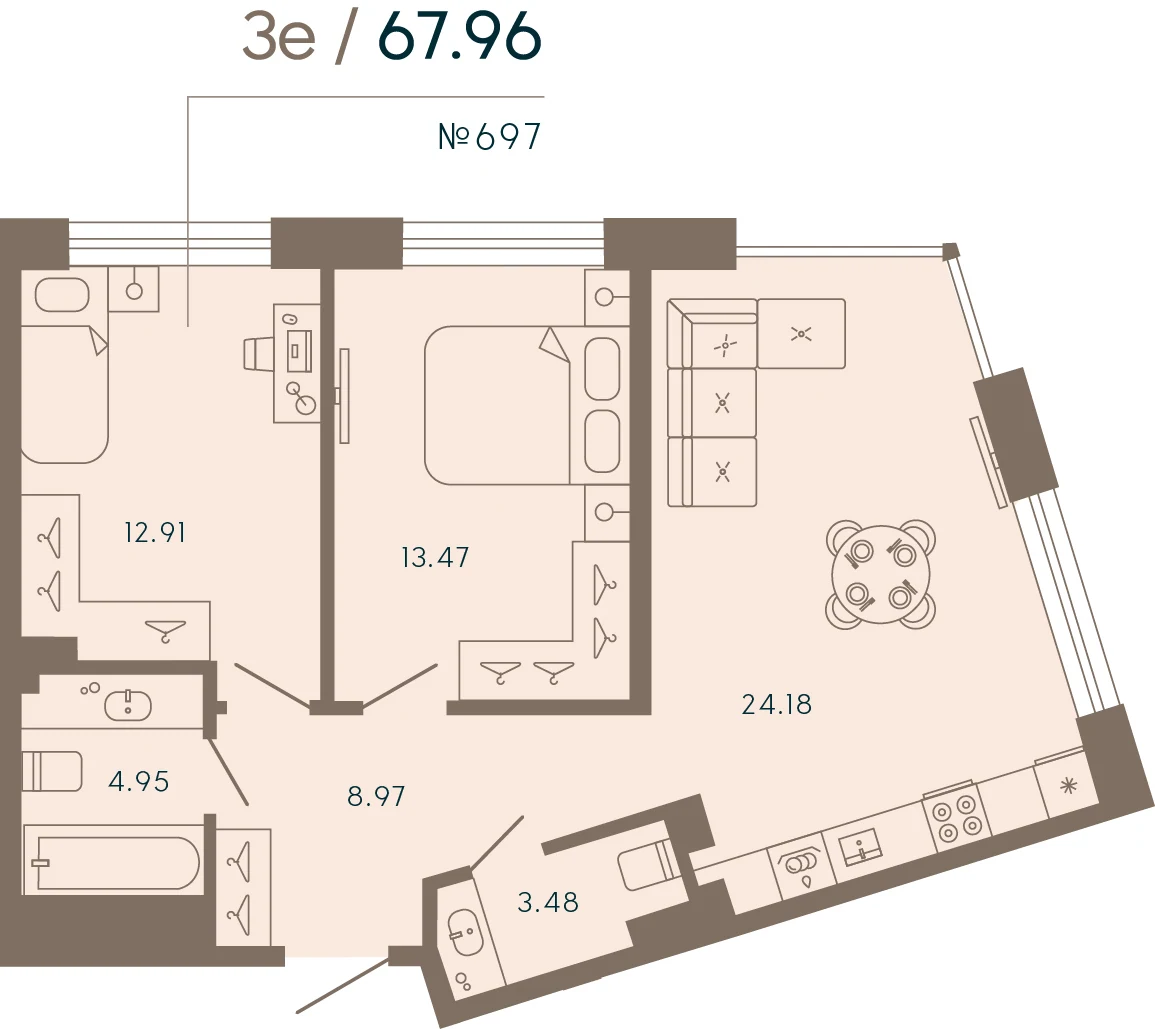 Планировка 2-комнатная 68 м² в апарт-отеле «17/33» — 17/33 на Петровском острове