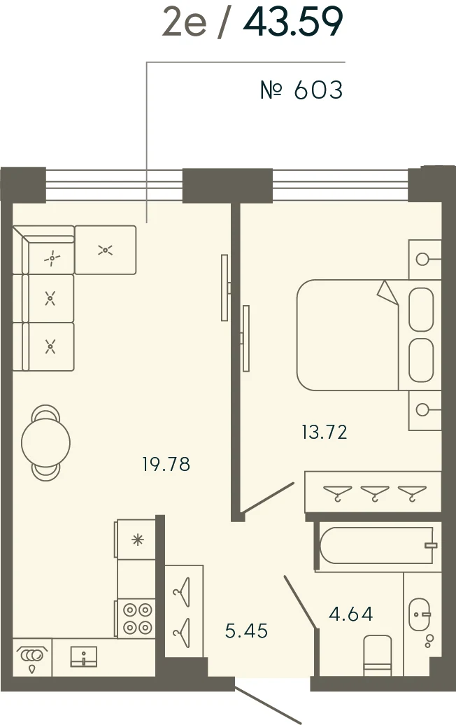 Планировка 1-комнатная 43,6 м² в апарт-отеле «17/33» — 17/33 на Петровском острове