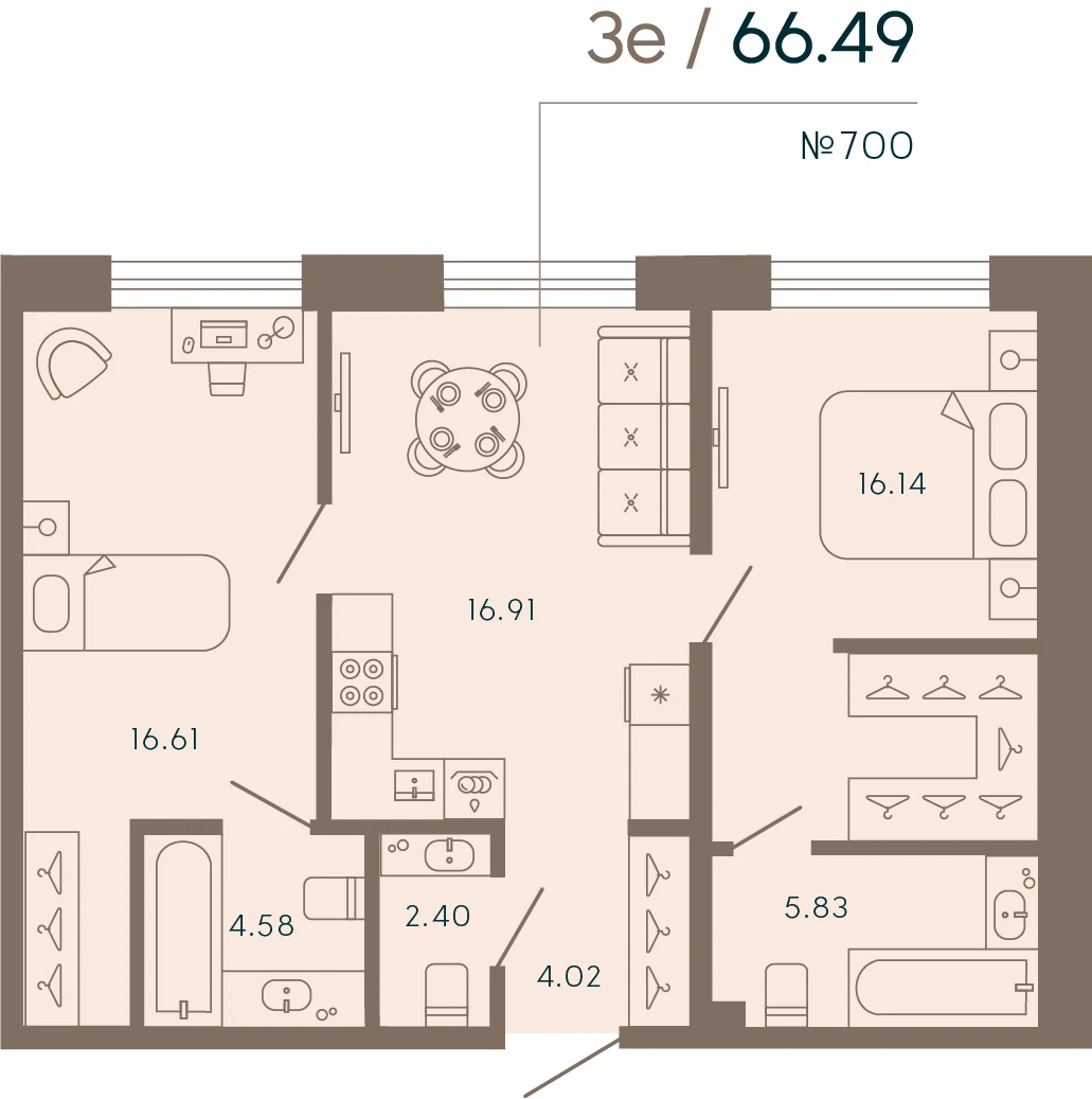 Планировка 2-комнатная 66,5 м² в апарт-отеле «17/33» — 17/33 на Петровском острове