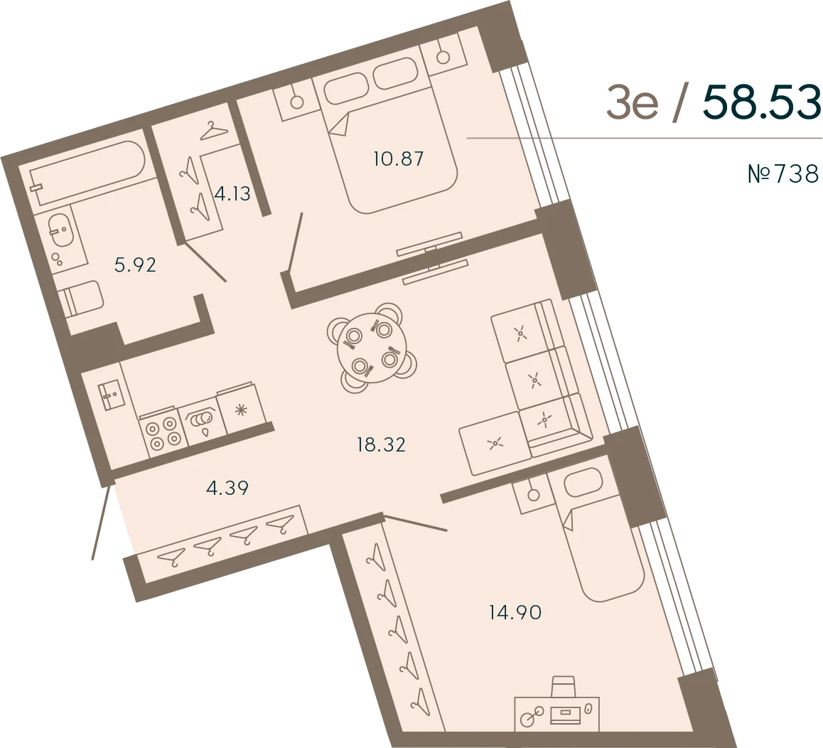 Планировка 2-комнатная 58,5 м² в апарт-отеле «17/33» — 17/33 на Петровском острове