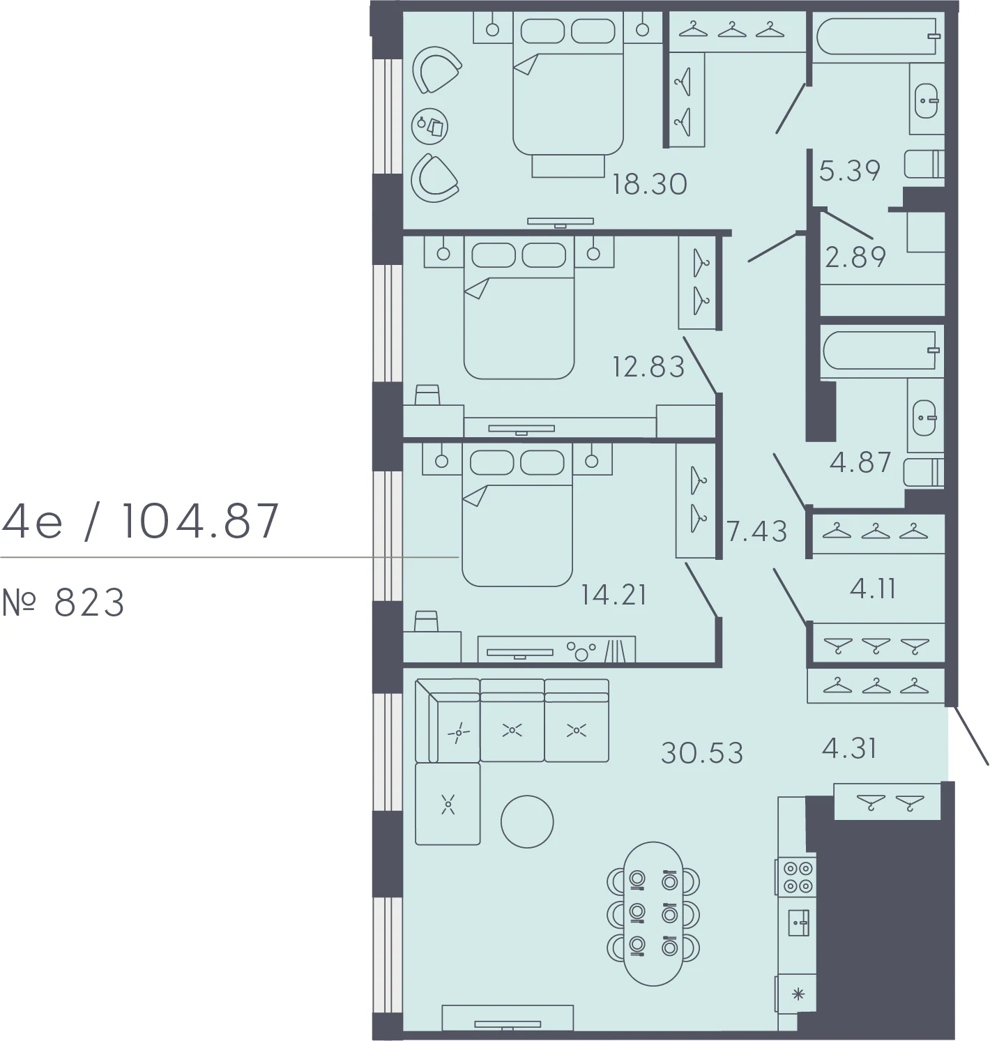 Планировка 3-комнатная 104,9 м² в апарт-отеле «17/33» — 17/33 на Петровском острове