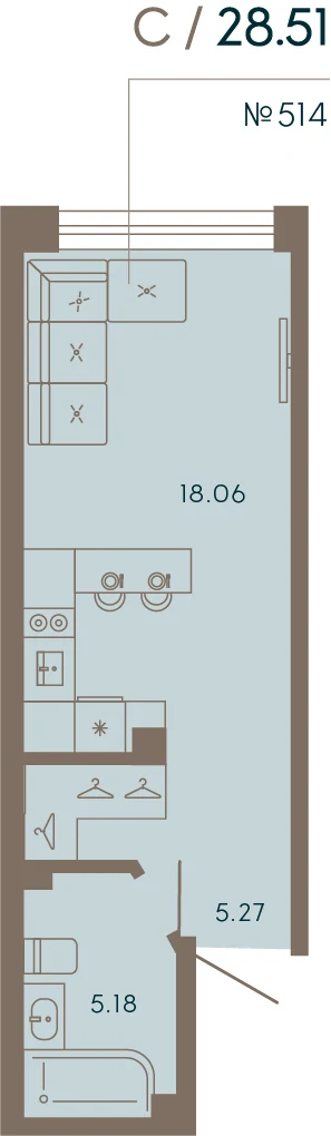 Планировка студия 28,5 м² в апарт-отеле «17/33» — 17/33 на Петровском острове