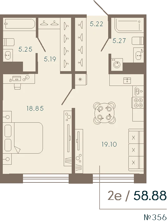 Планировка 1-комнатная 58,9 м² в апарт-отеле «17/33» — 17/33 на Петровском острове