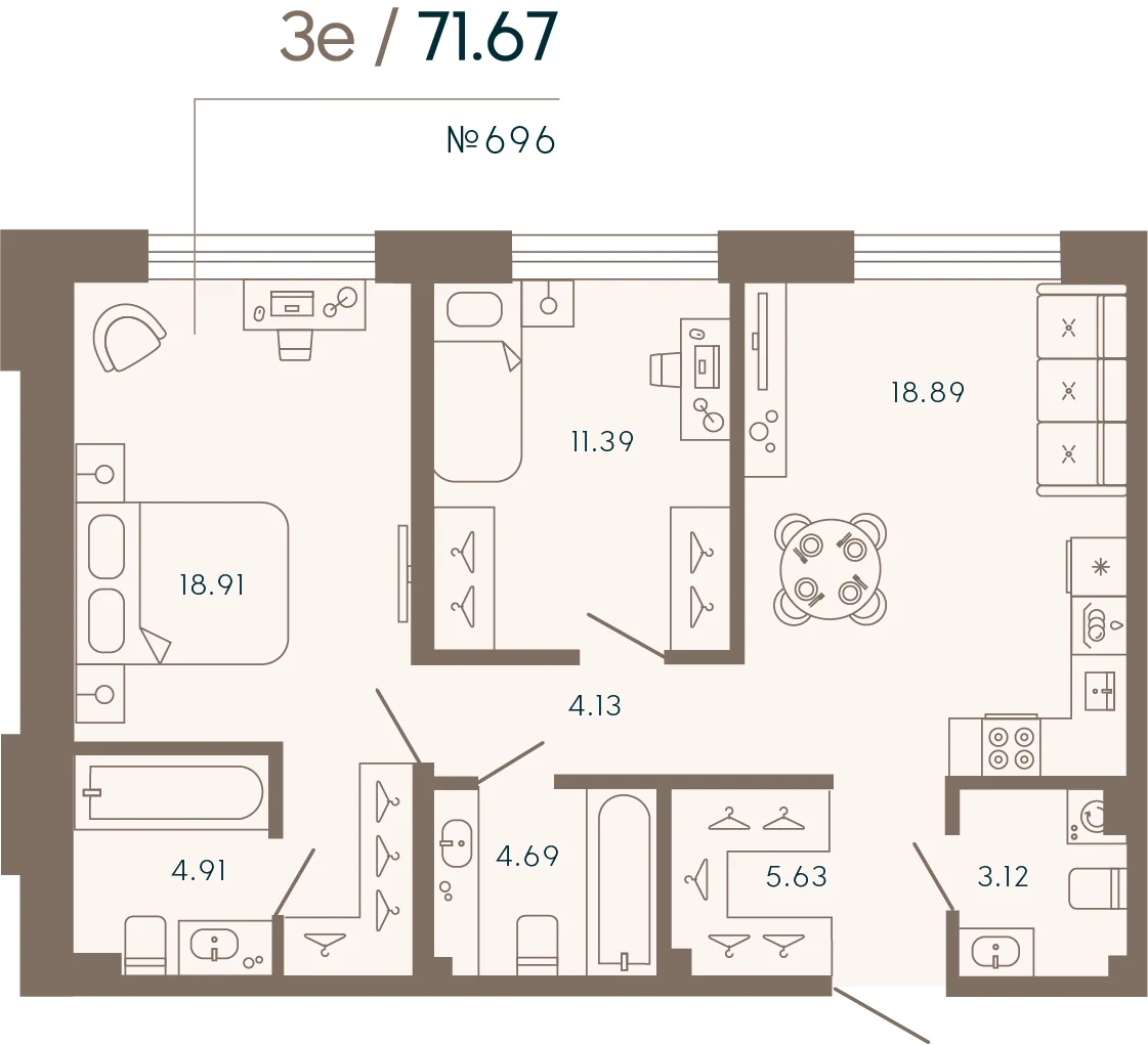 Планировка 2-комнатная 71,7 м² в апарт-отеле «17/33» — 17/33 на Петровском острове