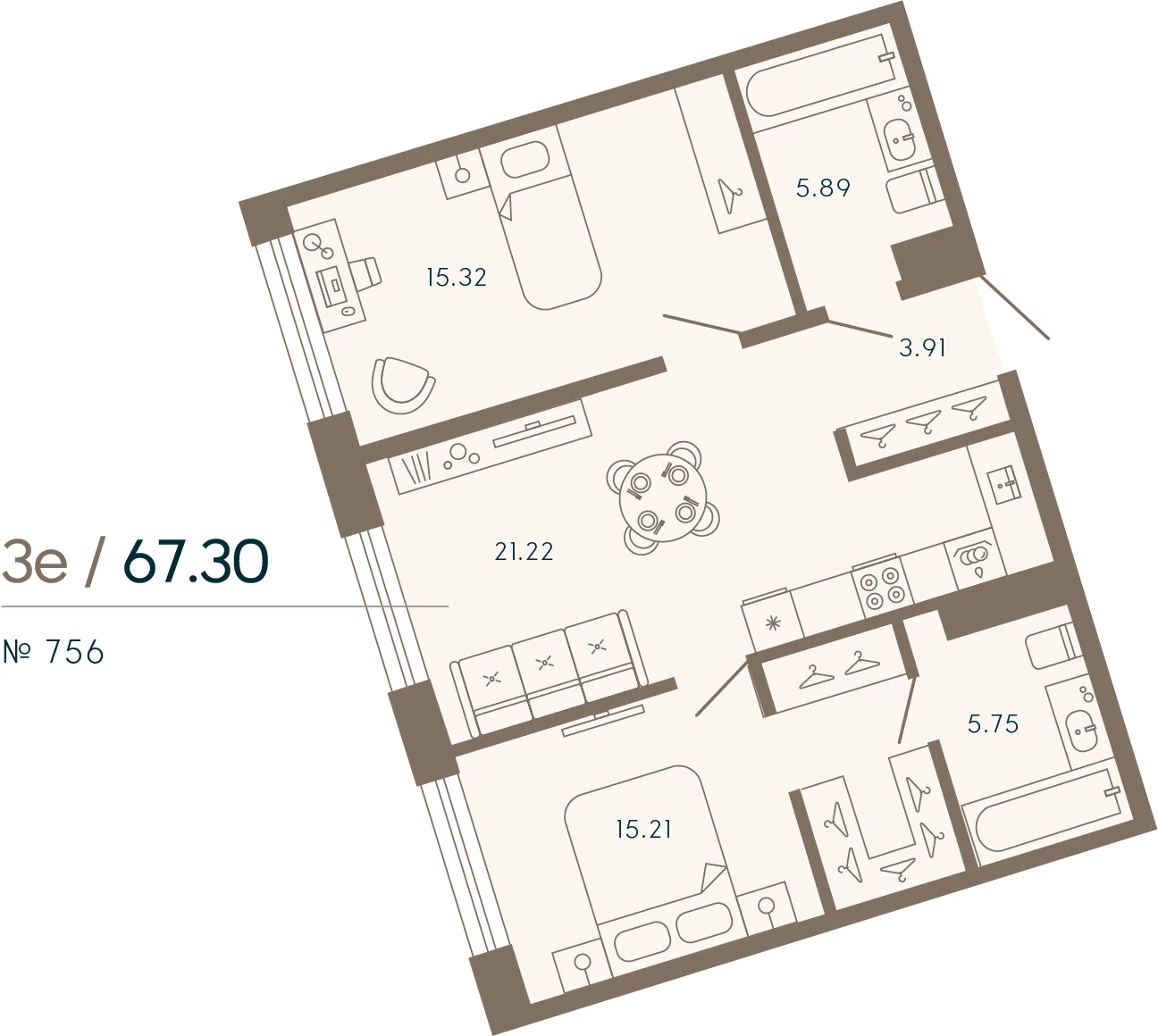 Планировка 2-комнатная 67,3 м² в апарт-отеле «17/33» — 17/33 на Петровском острове