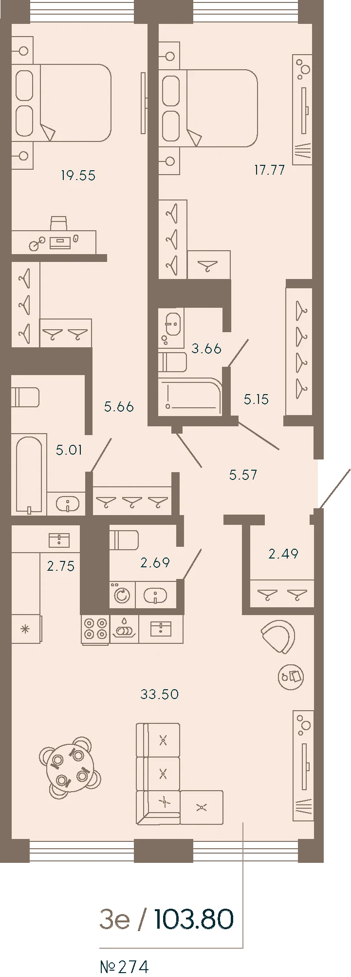 Планировка 2-комнатная 103,8 м² в апарт-отеле «17/33» — 17/33 на Петровском острове