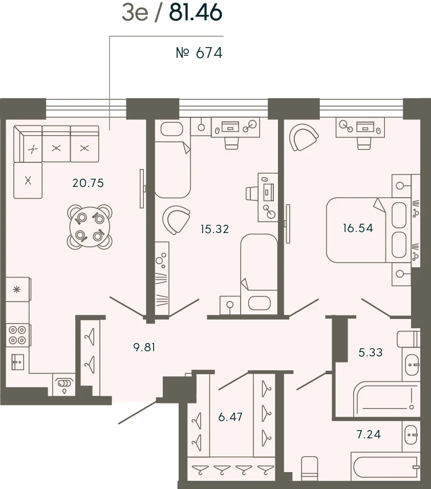 Планировка 2-комнатная 81,5 м² в апарт-отеле «17/33» — 17/33 на Петровском острове