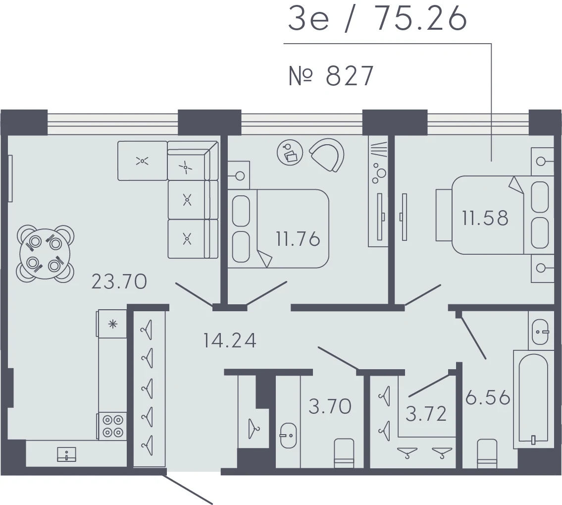 Планировка 2-комнатная 75,3 м² в апарт-отеле «17/33» — 17/33 на Петровском острове