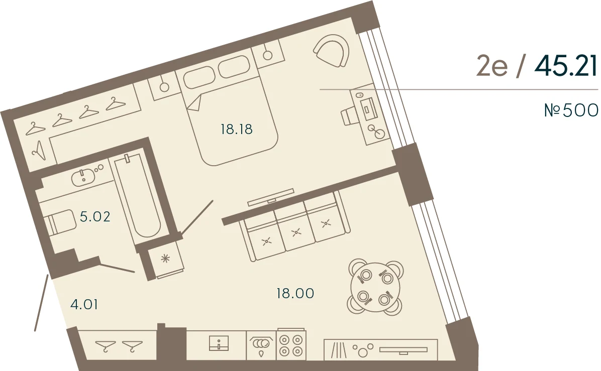 Планировка 1-комнатная 45,2 м² в апарт-отеле «17/33» — 17/33 на Петровском острове
